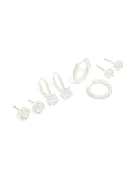 Silver Plated Cubic Zirconia Mixed Stud & Huggie Earrings 4 Pack - link has visual effect only