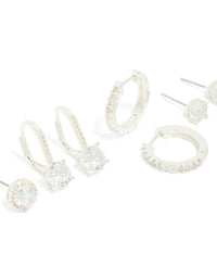 Silver Plated Cubic Zirconia Mixed Stud & Huggie Earrings 4 Pack - link has visual effect only