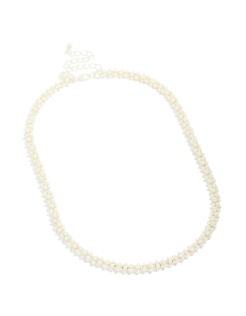 Sophisticated fireball pearl necklace crafted from silver plated metal front view