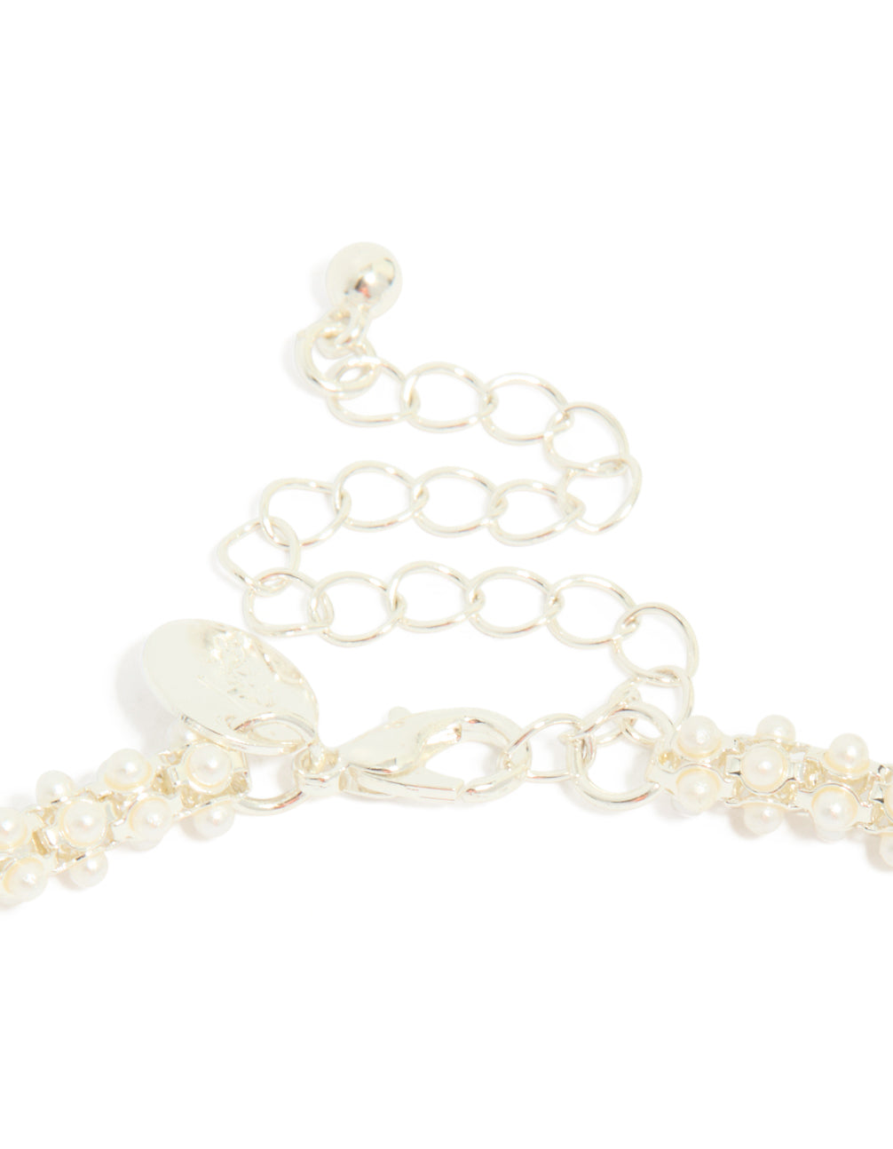 Exquisite fireball pearl necklace with silver plated metal clasp detail view