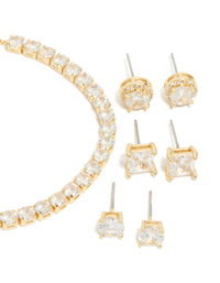 Gold Plated Cubic Zirconia Mixed Stud Earrings & Bracelet Set - link has visual effect only