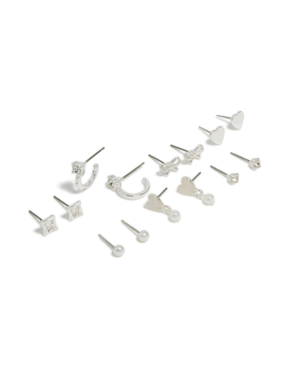Silver Heart & Pearl Studs Earrings 7-Pack