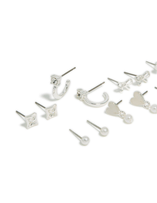 Silver Heart & Pearl Studs Earrings 7-Pack