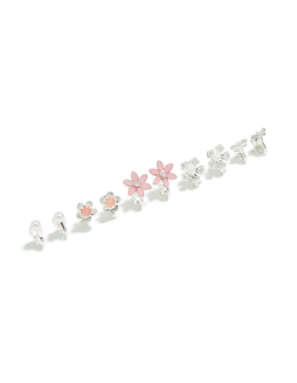 Silver Pretty Flower Clip On Earrings 5-Pack
