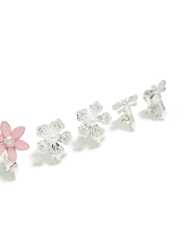 Silver Pretty Flower Clip On Earrings 5-Pack
