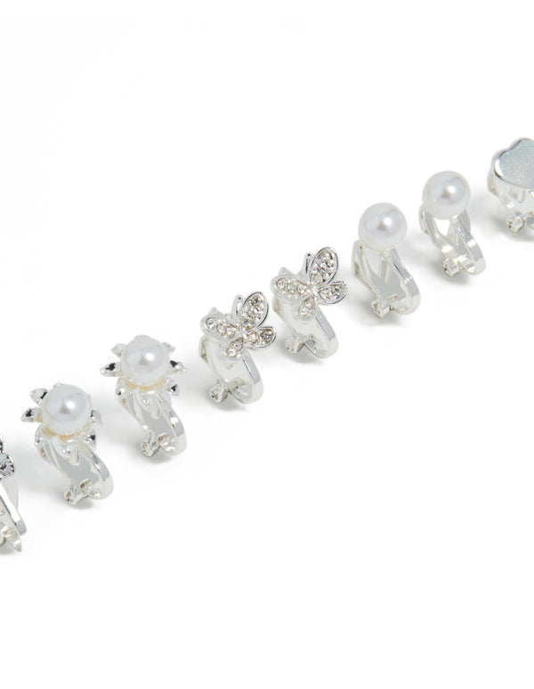 Silver Pearl & Pretty Motif Clip On Earrings 5-Pack
