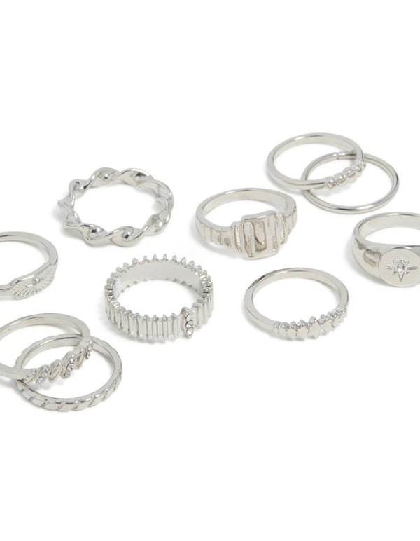 Silver Signet Ribbed & Twisted Rings 10-Pack