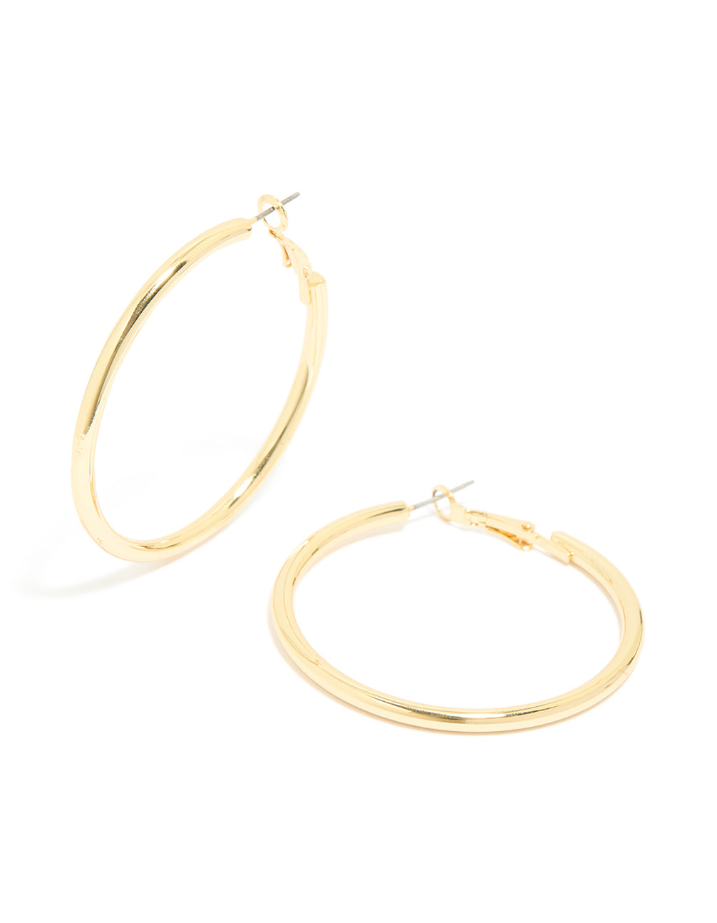 Featuring gold plated thick hoop earrings with statement and chunky style front view