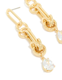Gold Plated Cubic Zirconia & Knotted  Link Drop Earrings - link has visual effect only