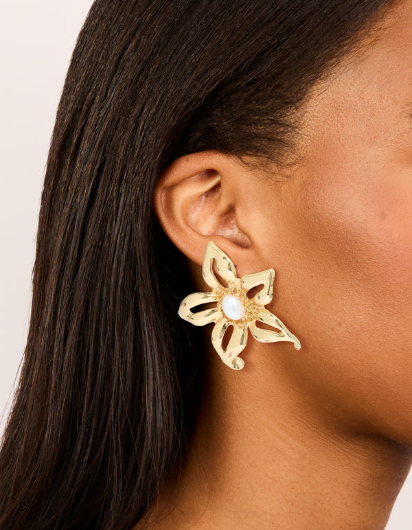 Gold Plated Statement Pearl Flower Earrings