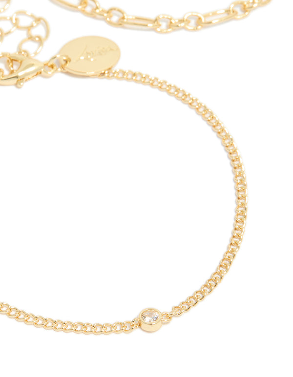 Gold Plated Cubic Zirconia & Chain Bracelets 3-Pack