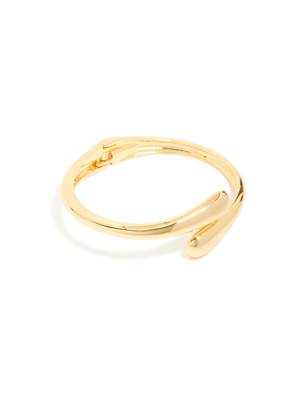 Crafted from gold plated material, this open wrap hinged bangle features a sleek design front view