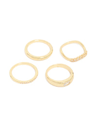 Showcasing a gold plated cubic zirconia and crystal rings 4-pack with chunky stackable design front view - link has visual effect only