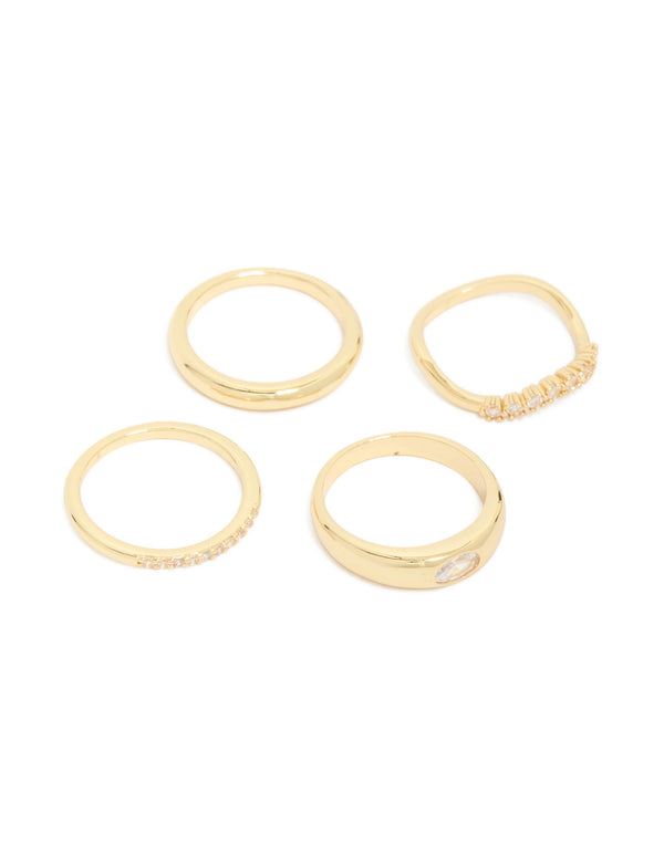 Showcasing a gold plated cubic zirconia and crystal rings 4-pack with chunky stackable design front view