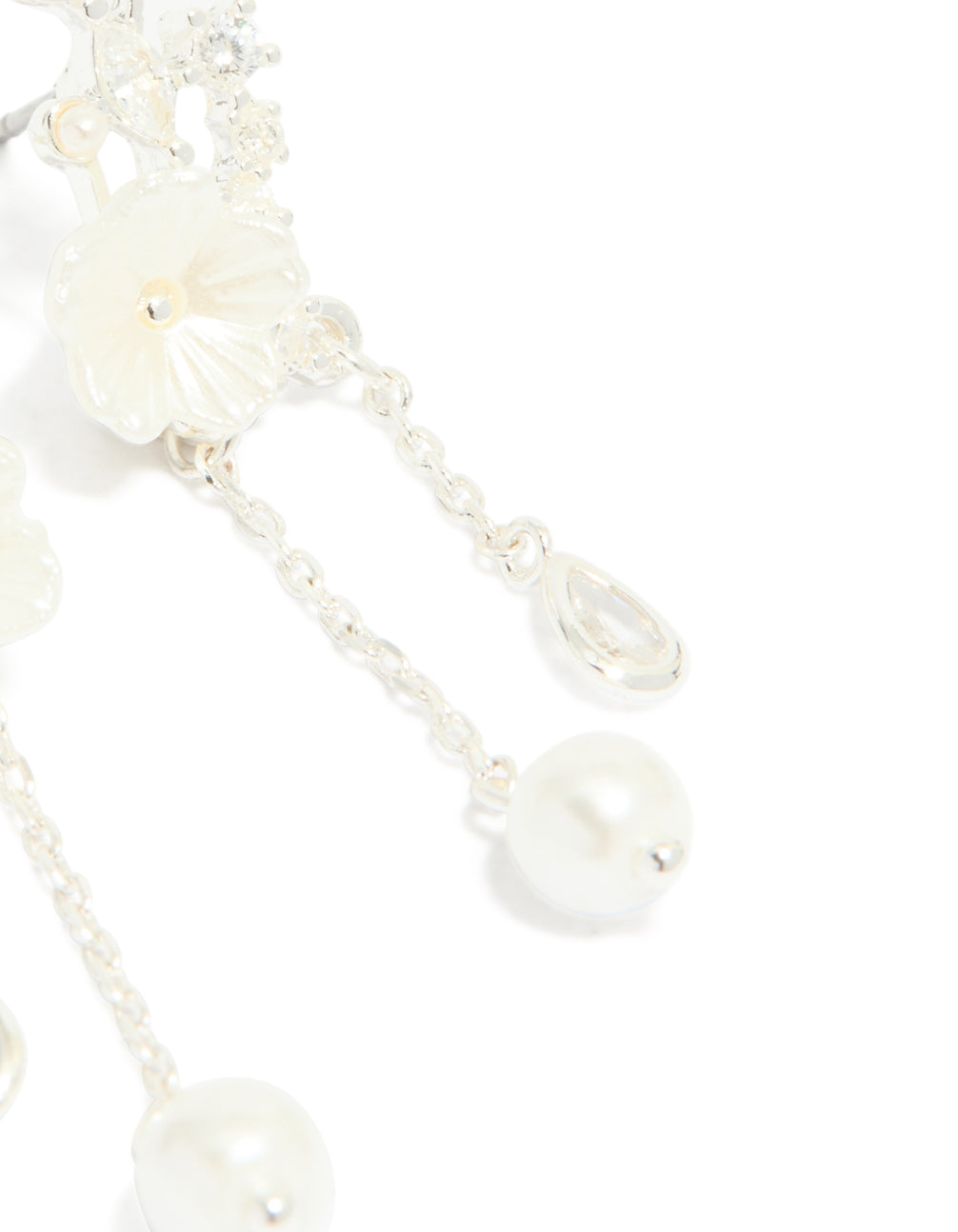 Introducing silver plated cubic zirconia flower and pearl chain drop earrings with floral design in ivory with a post detail view
