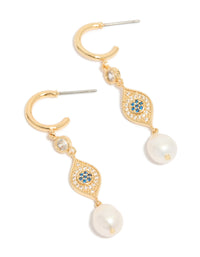Gold Plated Cubic Zirconia Evil Eye Pearl Drop Earrings - link has visual effect only