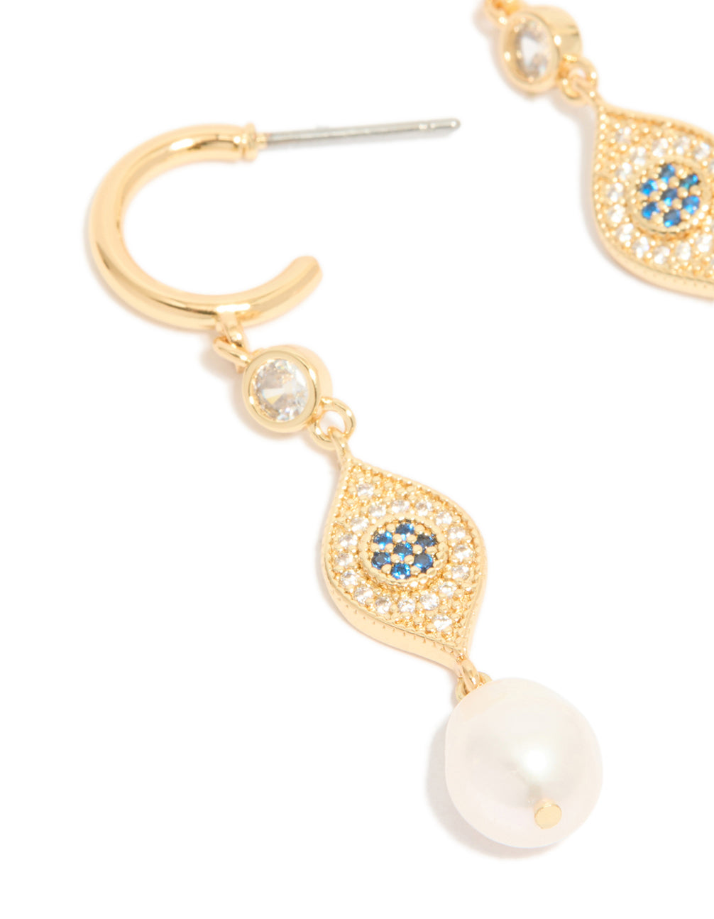Stunning gold plated cubic zirconia evil eye pearl drop earrings close up view