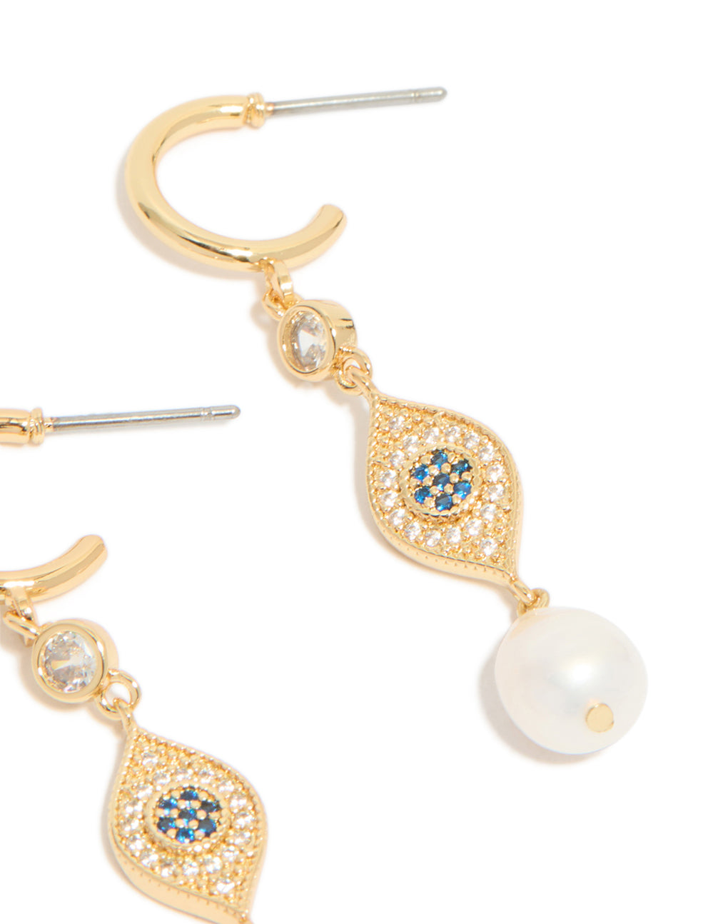 Sophisticated gold plated cubic zirconia evil eye pearl drop earrings post detail view