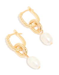 Gold Plated Textured Freshwater Pearl Drop Huggie Earrings - link has visual effect only