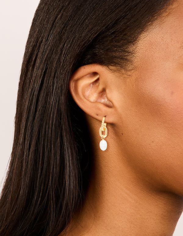 Gold Plated Textured Freshwater Pearl Drop Huggie Earrings