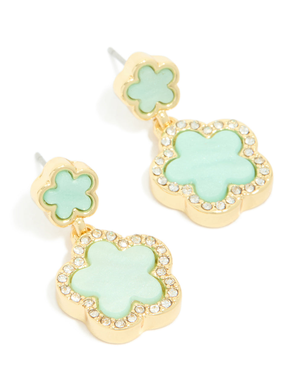 Displaying gold plated mint green flower drop earrings with floral feature front view