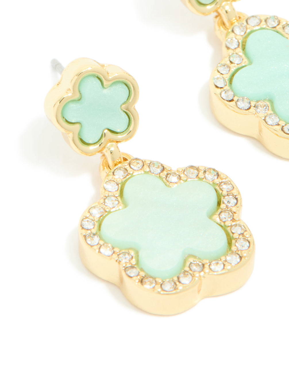 Showcasing gold plated mint green flower drop earrings with floral feature and gemstone detail close up view