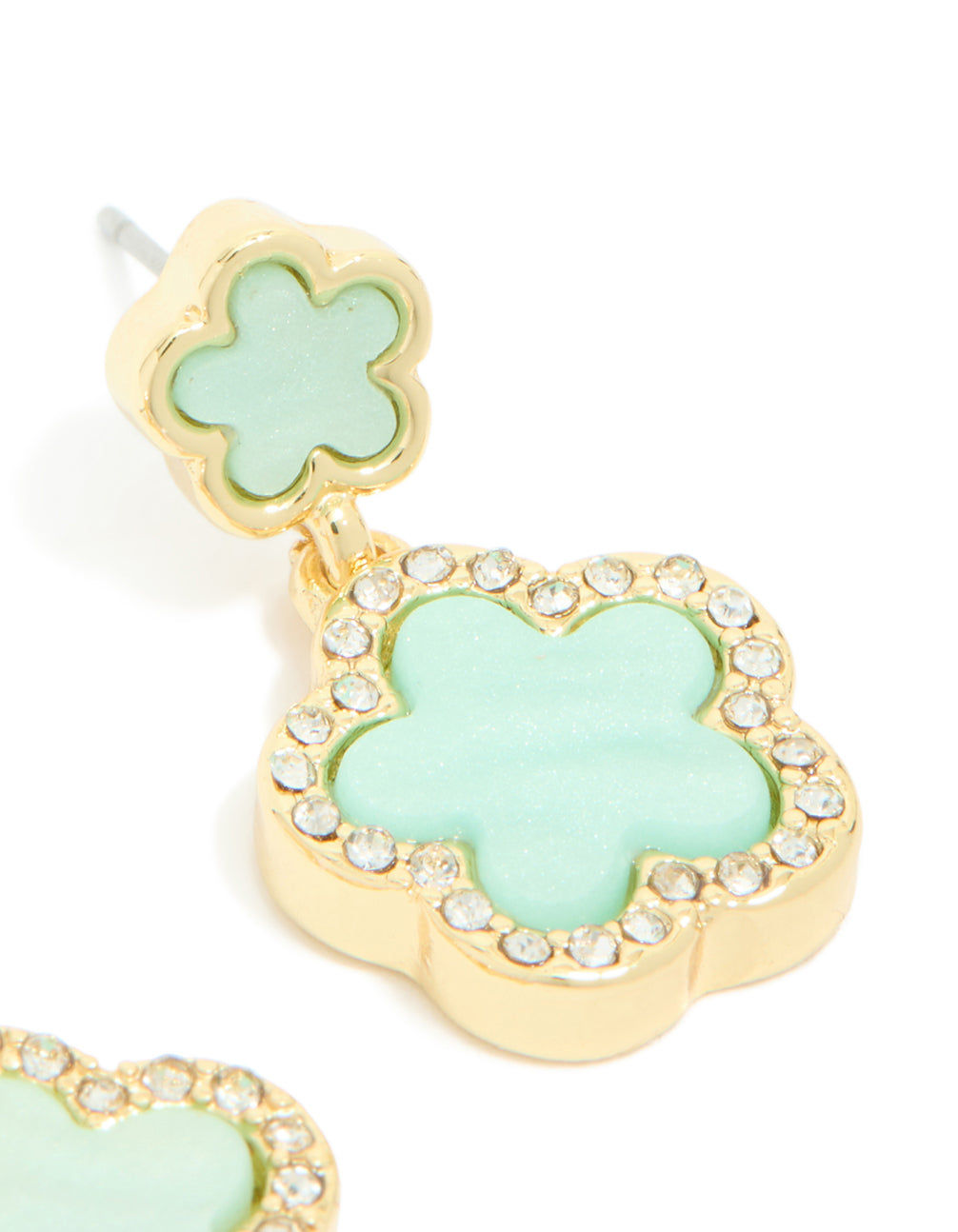 Macro view highlighting gold plated mint green flower drop earrings with floral feature and crystal accents post detail view