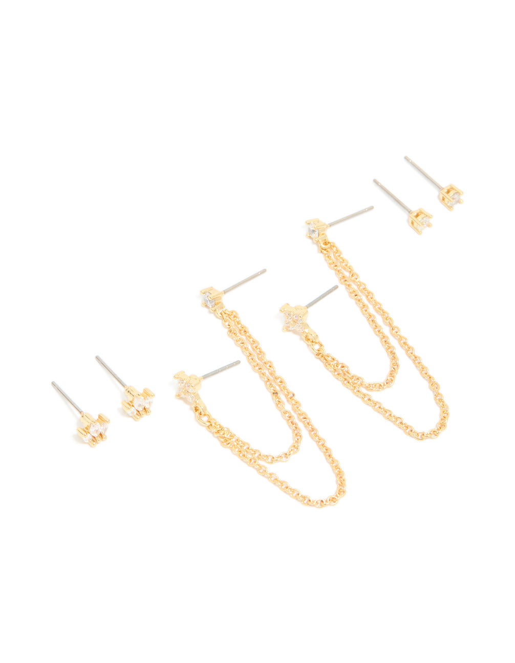 Showcasing gold plated cubic zirconia double chain and stud stacker earrings in a 3-pack featuring crystal elements and stud closure front view