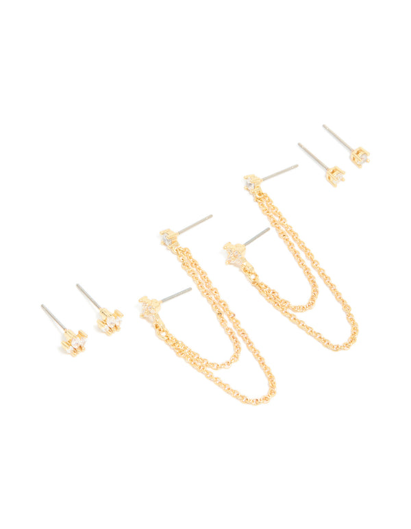 Gold Plated Cubic Zirconia Double Chain & Stud Stacker Earrings 3-Pack