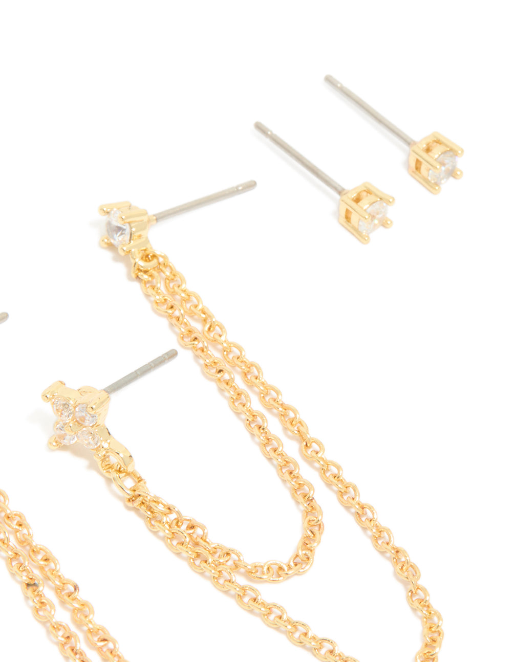 Detailed view of gold plated cubic zirconia double chain and stud stacker earrings 3-pack, featuring crystal elements and post detail view