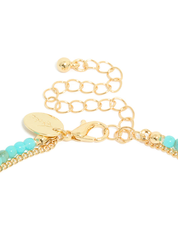 Gold Plated Blue Beaded & Celestial Pendant Layered Necklace