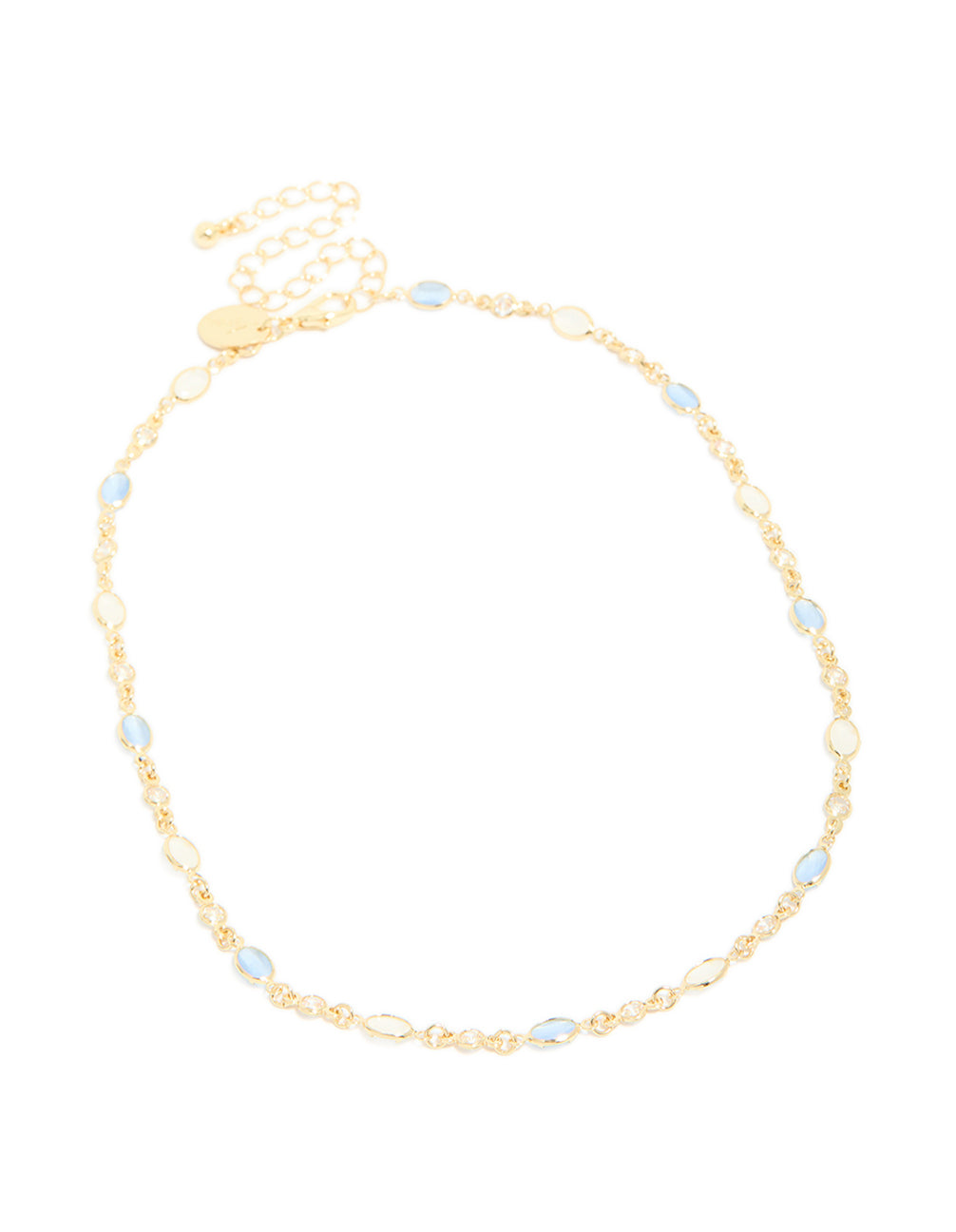 Crafted in a dainty style, this gold plated necklace features blue and white oval cubic zirconia front view