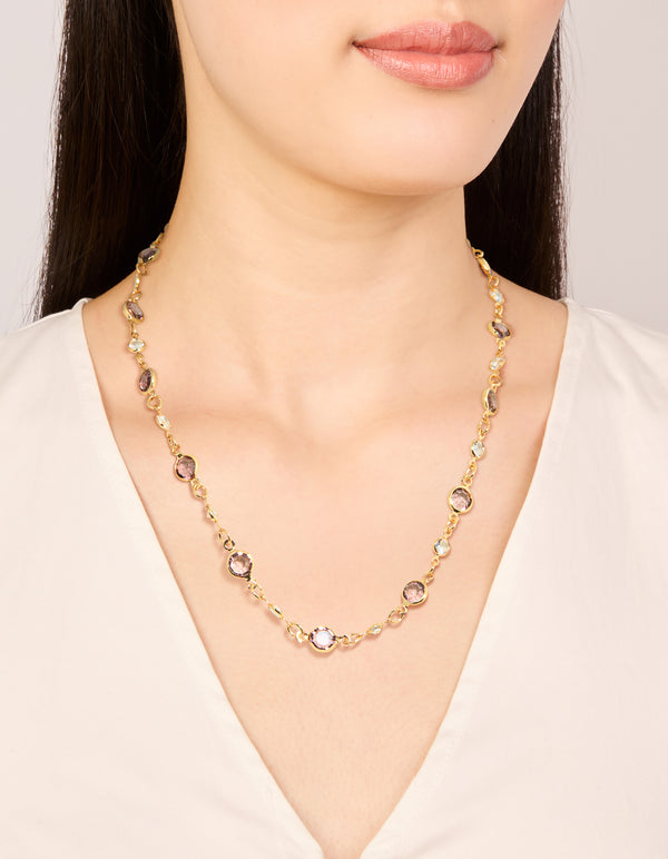 Gold Plated Pink & Clear Cubic Zirconia Station Necklace