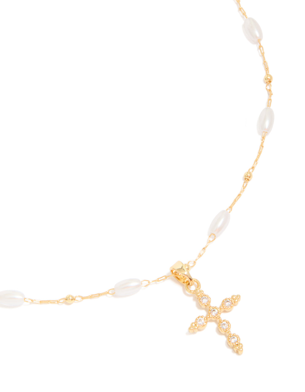 Featuring a gold plated cubic zirconia cross with pearl necklace close up view