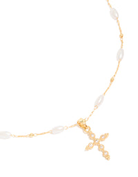Gold Plated Cubic Zirconia Cross & Pearl Necklace - link has visual effect only