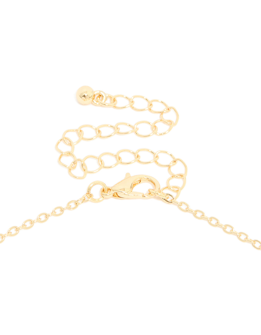 Displaying a gold plated necklace with oval stone cut pendant in statement style clasp detail view
