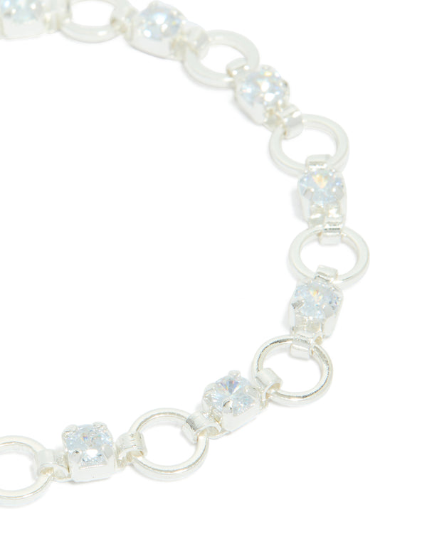 Silver Plated Alternating Cubic Zirconia Round Link Bracelet