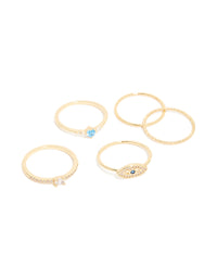 Gold Plated Cubic Zirconia  & Evil Eye Rings 5-Pack - link has visual effect only