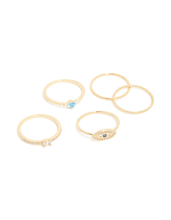 Gold Plated Cubic Zirconia  & Evil Eye Rings 5-Pack