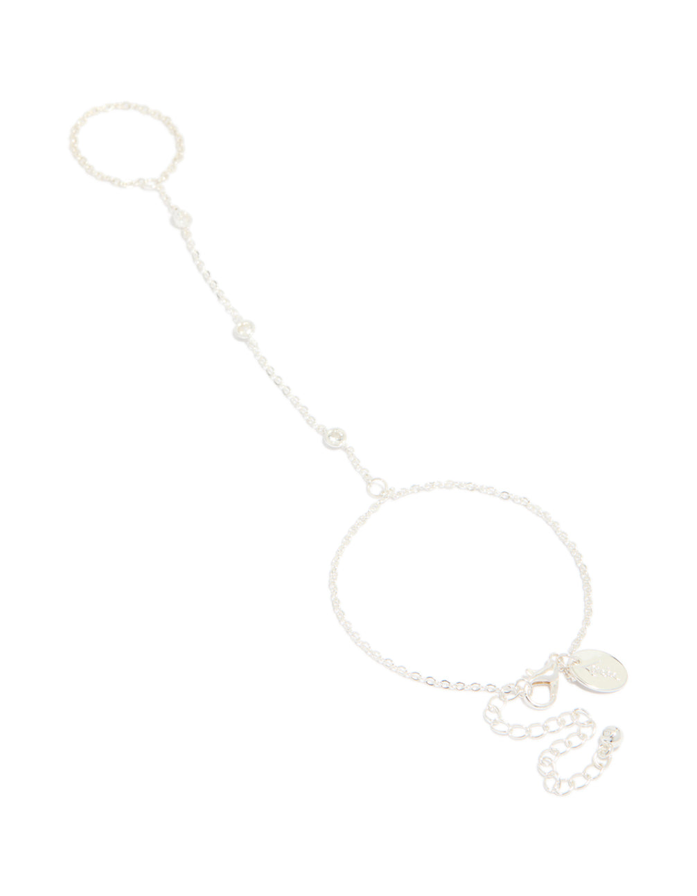 Showcasing a silver plated hand chain bracelet featuring cubic zirconia front view