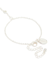 Beautiful silver plated cubic zirconia hand chain bracelet closure detail view - link has visual effect only