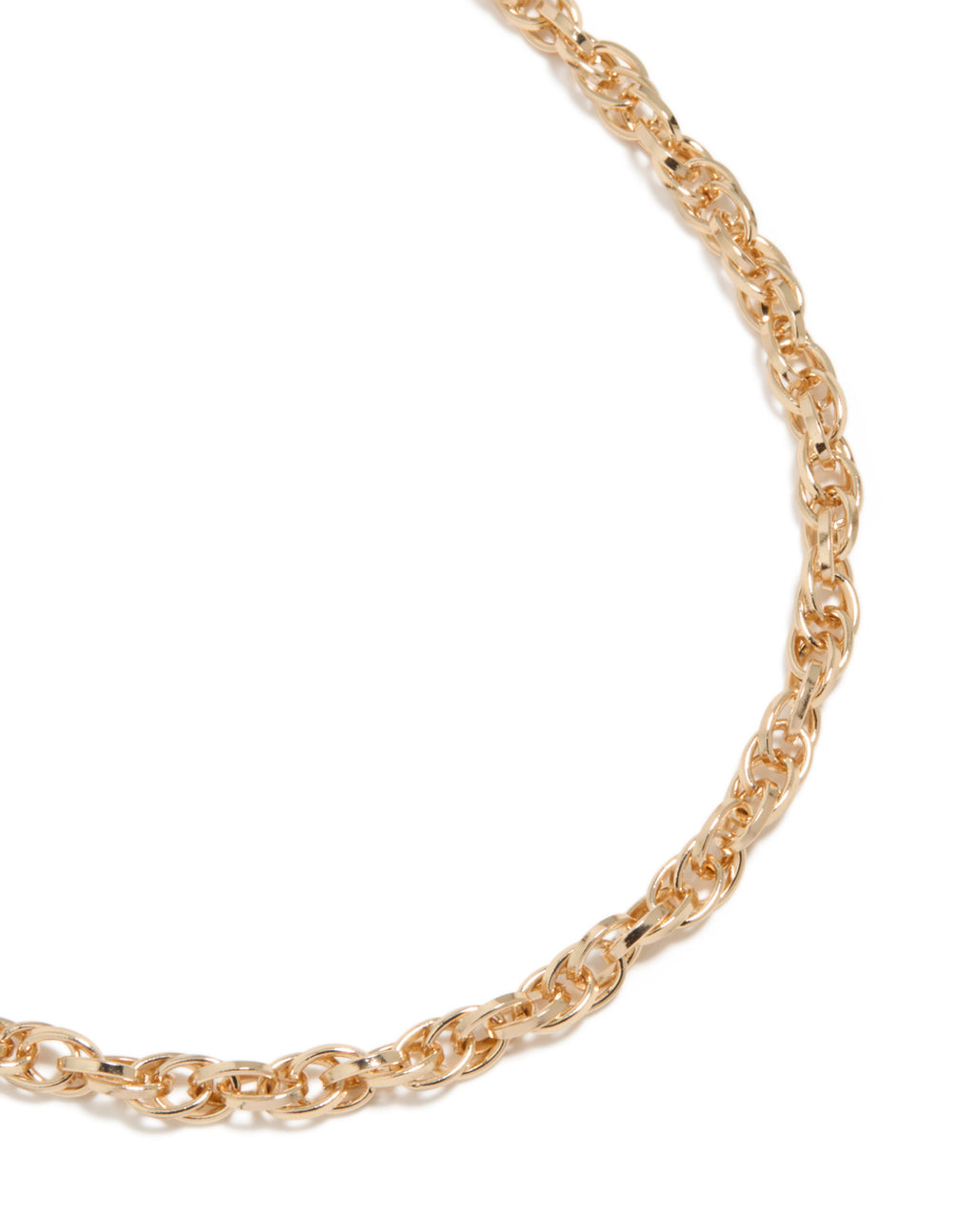 Showcasing a gold intertwined chain necklace in close up view