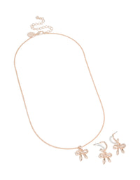 Rose Gold Bow Necklace & Huggie Earrings Set - link has visual effect only