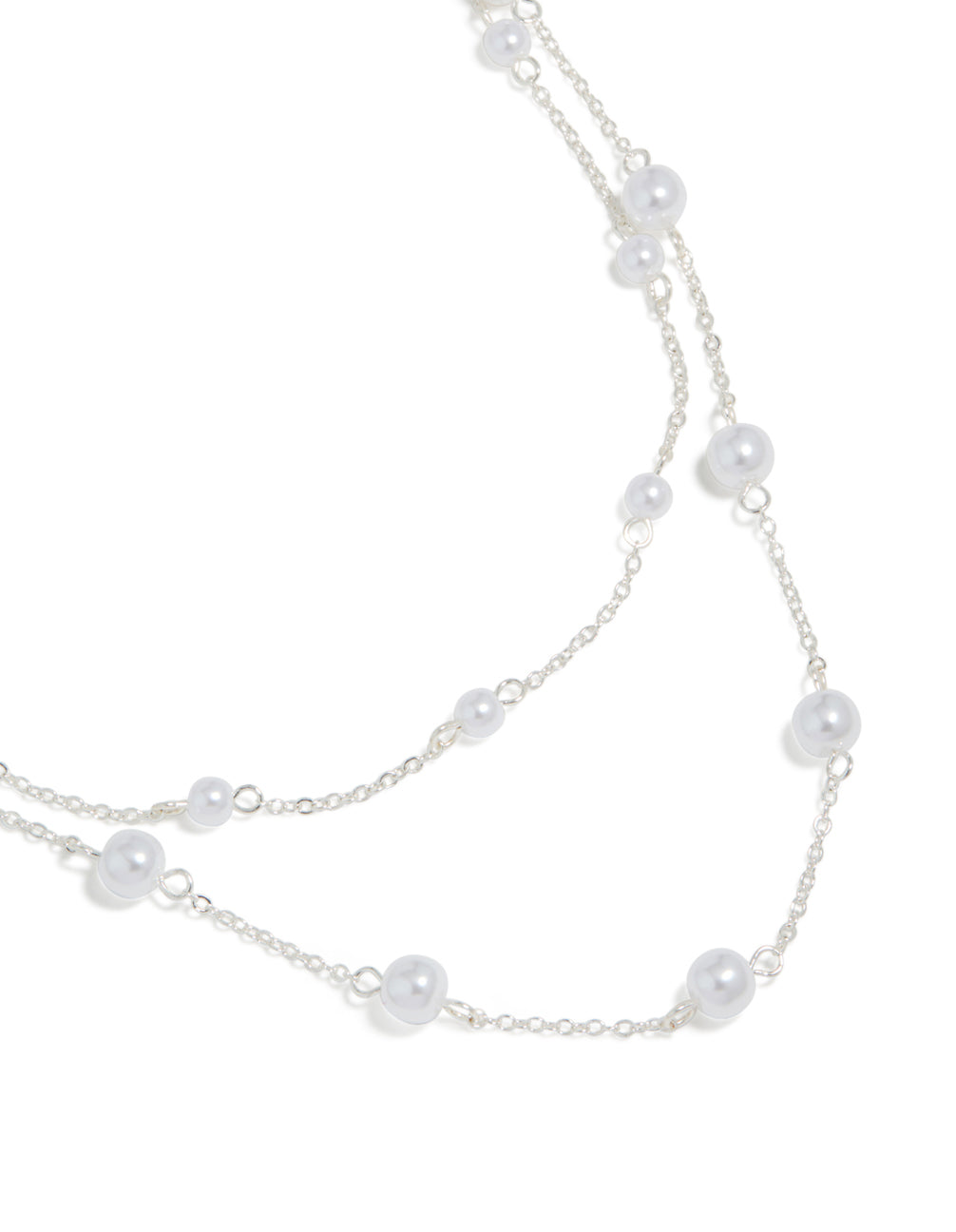 Discover this silver pearl layered necklace featuring close up view