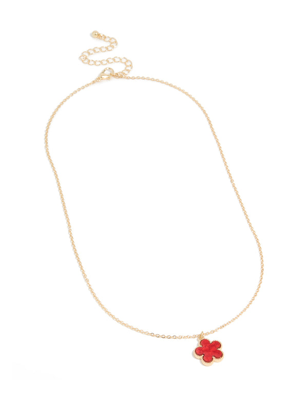 Gold Red Five Petal Flower Necklace