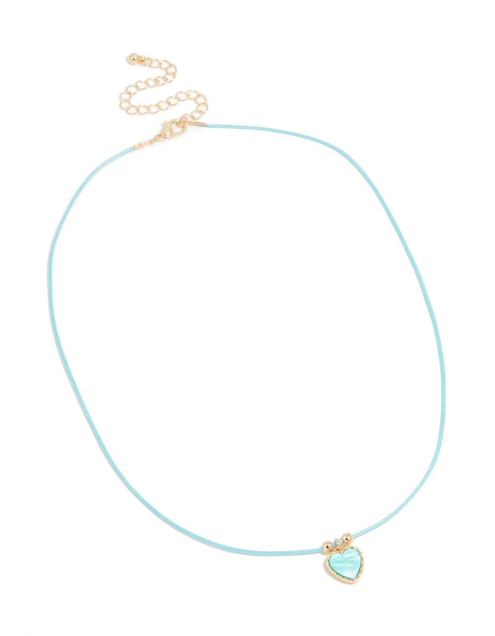 Featuring an aqua blue heart pendant cord necklace front view