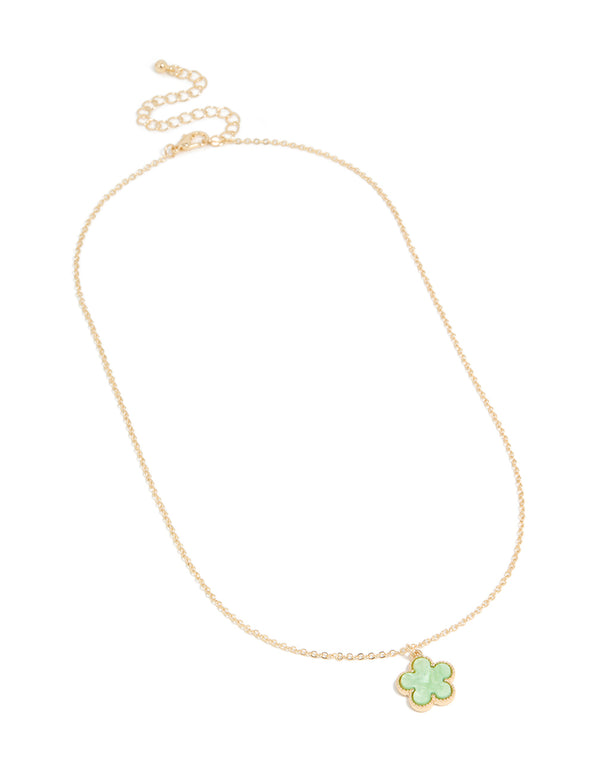 Gold Light Green 5 Petal Flower Necklace