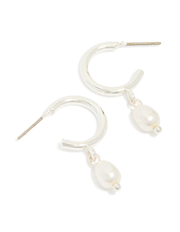 Silver Pearl Drop Huggie Earrings