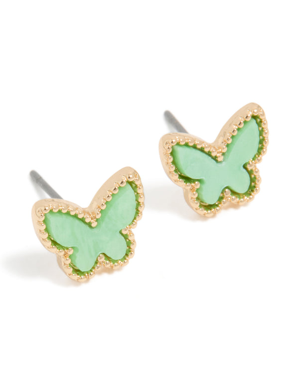 Gold Light Green Acrylic Butterfly Stud Earrings