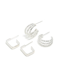Silver Rectangle & Double Hoop Earrings 2-Pack - link has visual effect only